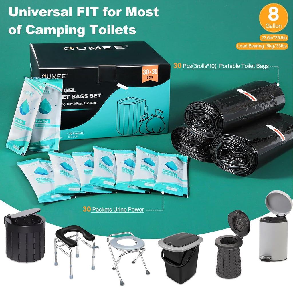 Lemon 30 Portable Toilet Bags with 30 Poo Gel Set, 8 Gallon | Camping Toilet Bags with Absorbent Gels Waste Bags