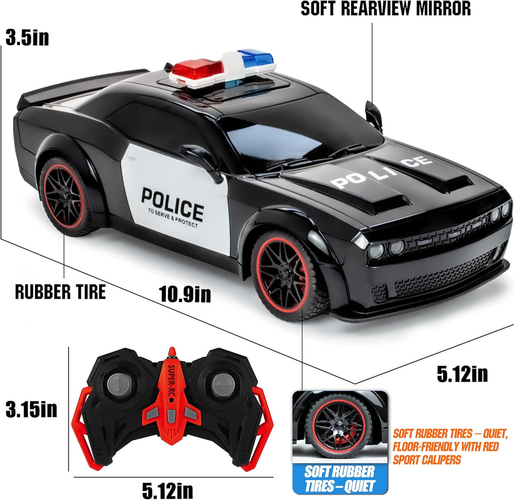Police Car Toy, Remote Control Police Car with LED Strobe Lights & Blaring Police Siren & Smoke Effect, Remote