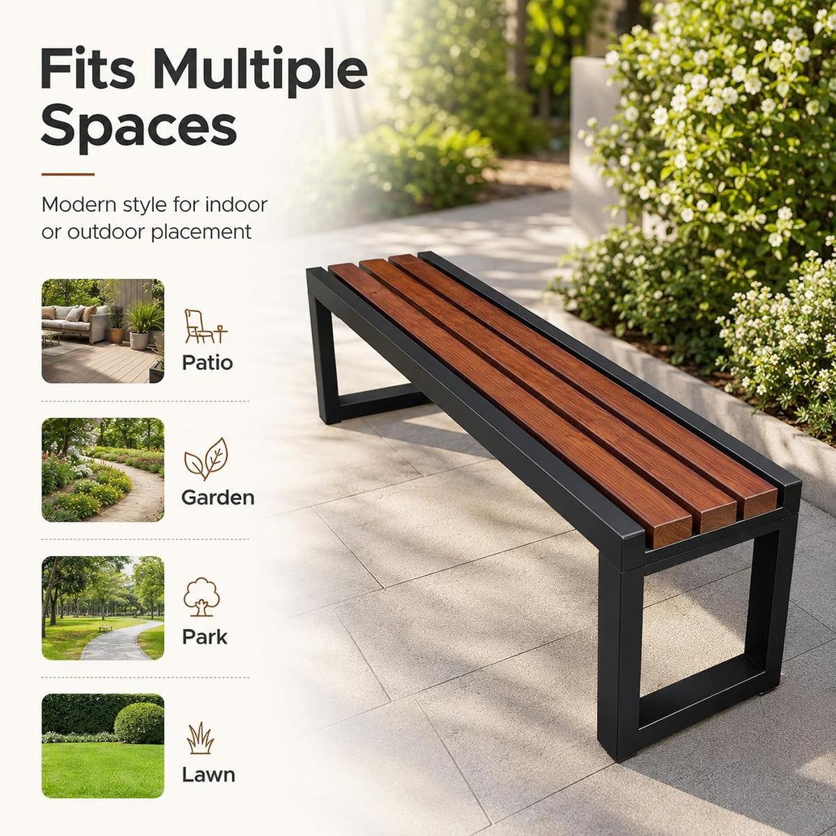 Outdoor Bench, Mid-Century Metal Park Bench, Outdoor Patio Park Benches with Waterproof Wood Seating, for Patio