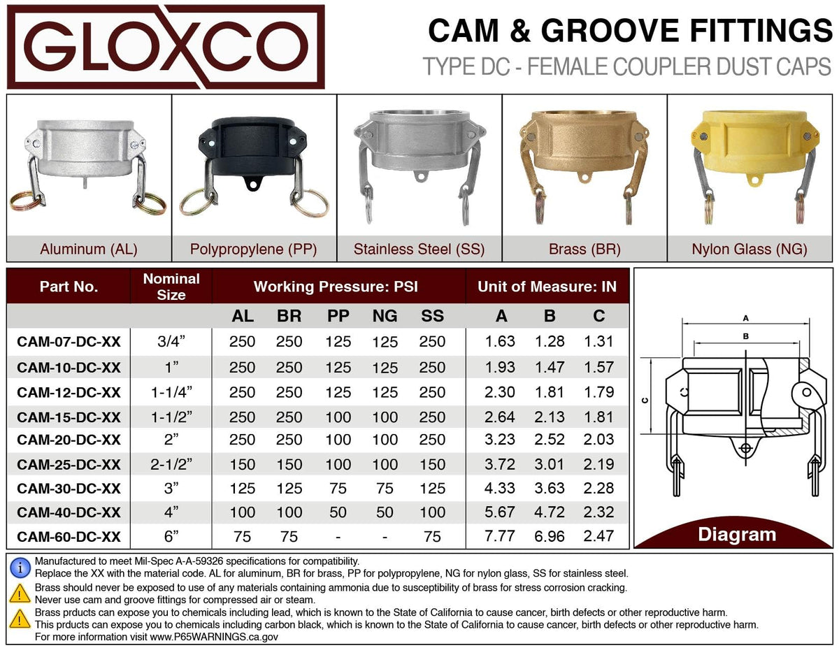 Gloxco Cam and Groove Fitting, Polypropylene, Type DC, 2" Dust Cap (CAM-20-DC-PP)