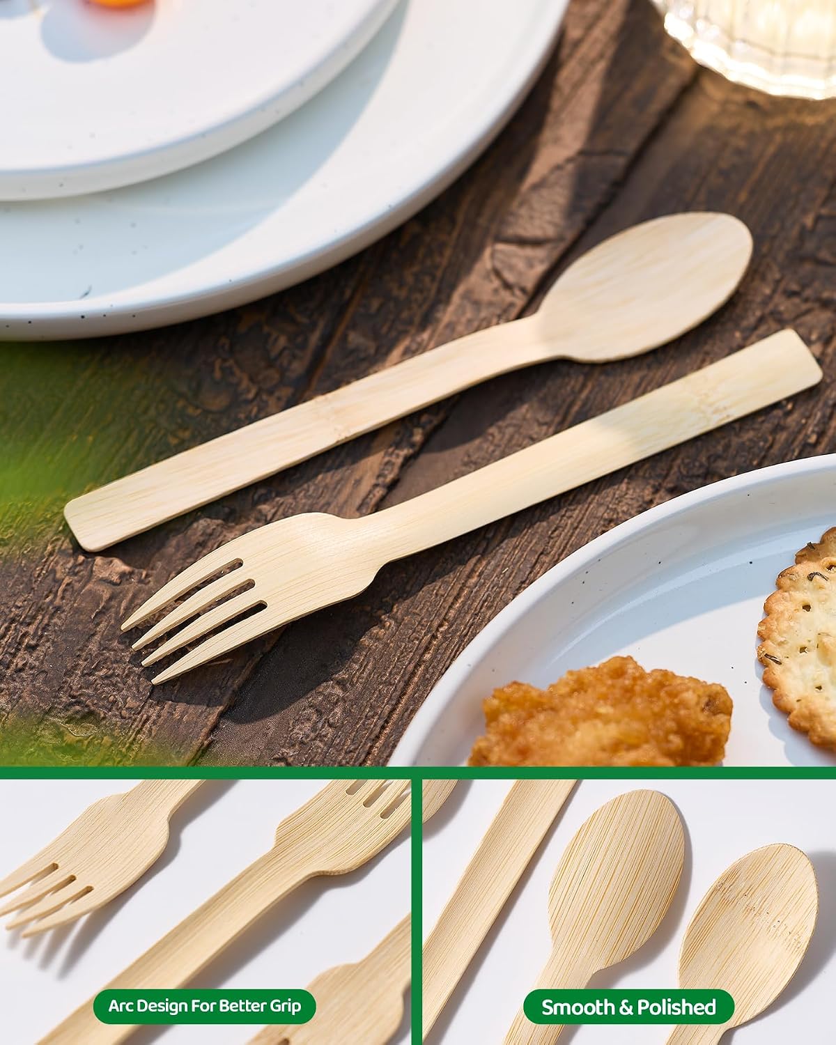 100% Bamboo Disposable Cutlery Set - 120 Mix (60 Forks,60 Spoons)