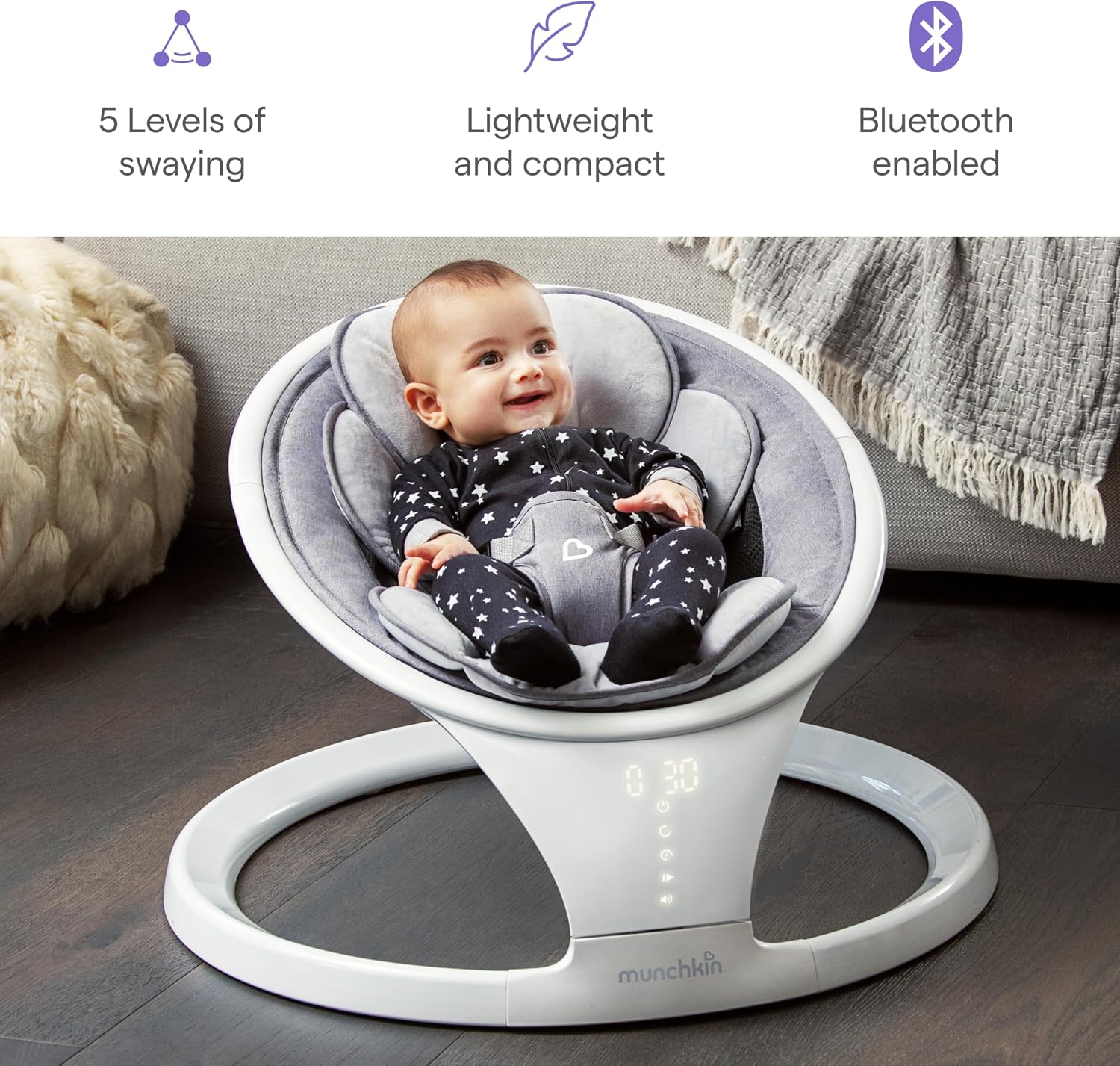 Electric Baby Swing, Portable and Lightweight, Bluetooth Enabled Infant Rocker with Natural Sway in 5 Ranges of