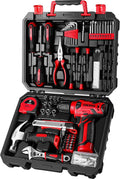 Drill Set: Tool Set with 8V Red Cordless Drill, Home Tool Kit with Drill, Hand Tool Kits for Women 126 Piece