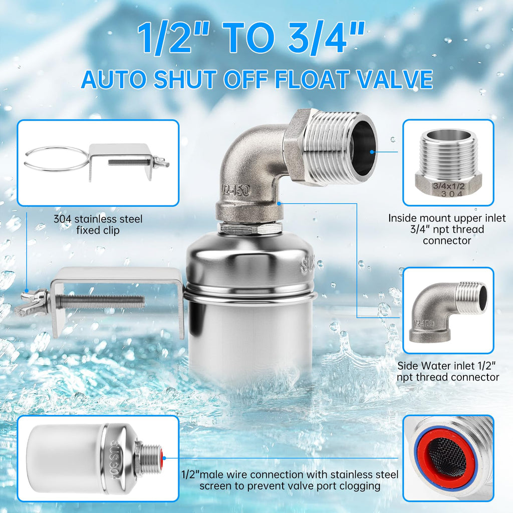 4Pack Float Valve 304 Stainless Steel Automatic Water Float Valve 1/2" 3/4"