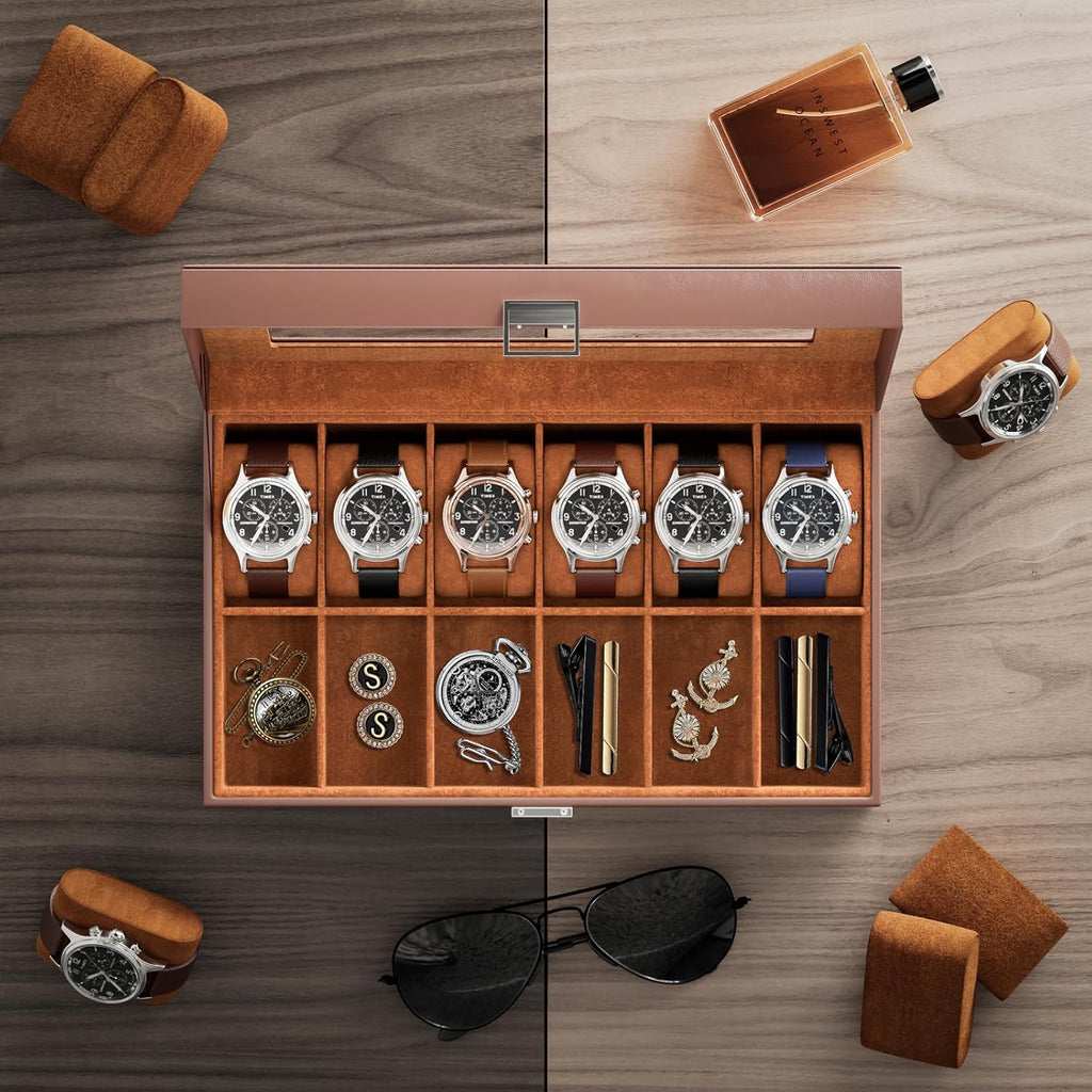 Watch Box Organizer, 12 Slot Watch Display Case, Brown | Watches Storage Boxes Holder for Men Women, Large Glass Lid