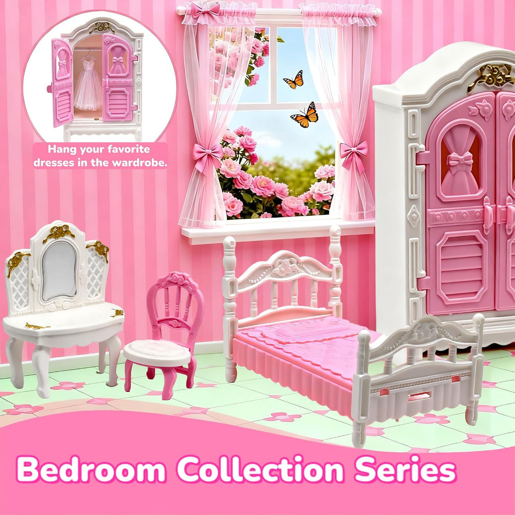 Dollhouse Furniture Set - 38 Pcs,Miniature Accessories with Cat,Dog, Kitchen, Bedroom, Living Room & Bathroom - Doll