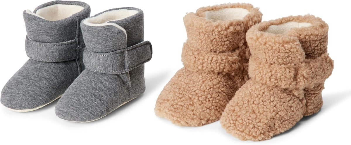 Unisex Babies' Soft Hook & Loop Booties, Infant Crib Shoes, Stay on Infant Slipper Socks with Grippers, Pack of 2