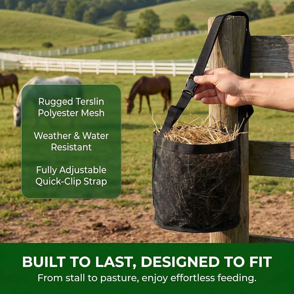 Mesh Horse Feed Bag – Portable Hay Bucket with Adjustable Strap, Durable & Breathable, Reduces Feed Waste for