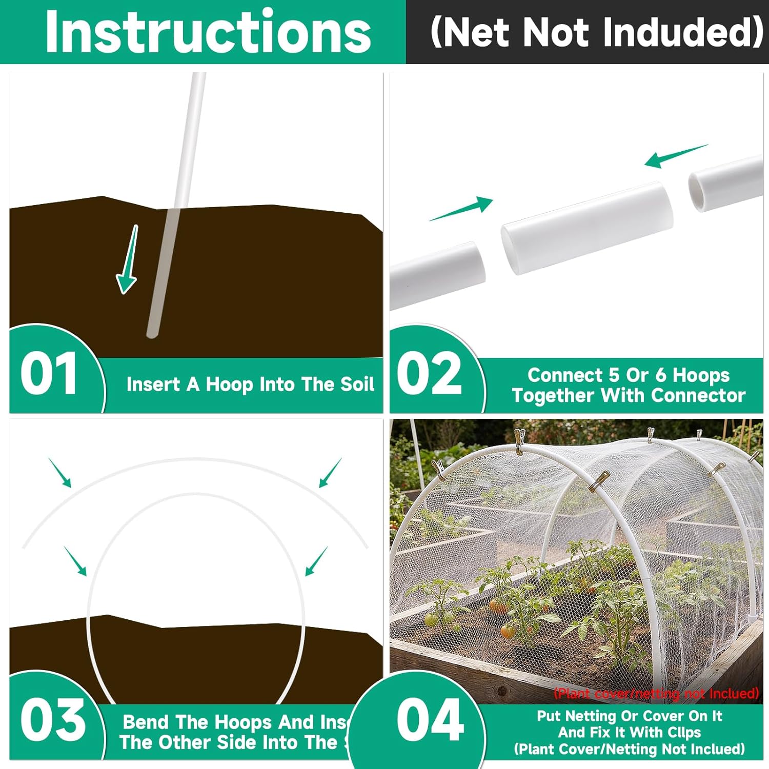 Greenhouse Garden Hoops for Raised Beds Plant Cover Netting, 36pcs PVC Adjustable Garden Hoop with 20 Clips for Shade