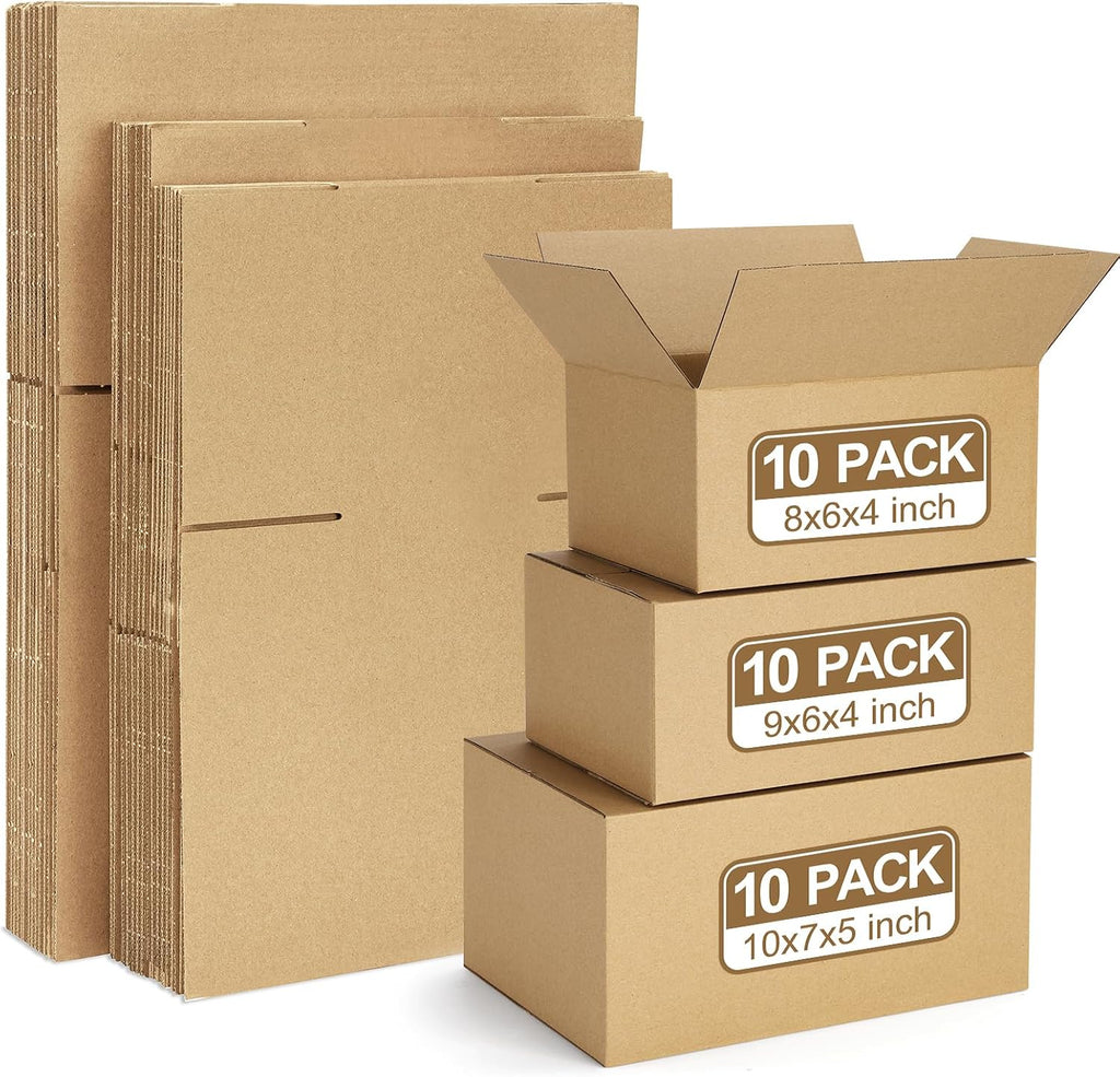 30 Pack Small Shipping Boxes Assorted Sizes, 8x6x4 & 9x6x4 & 10x7x5 10 PCS Each Mailing Boxes, Brown Corrugated Box