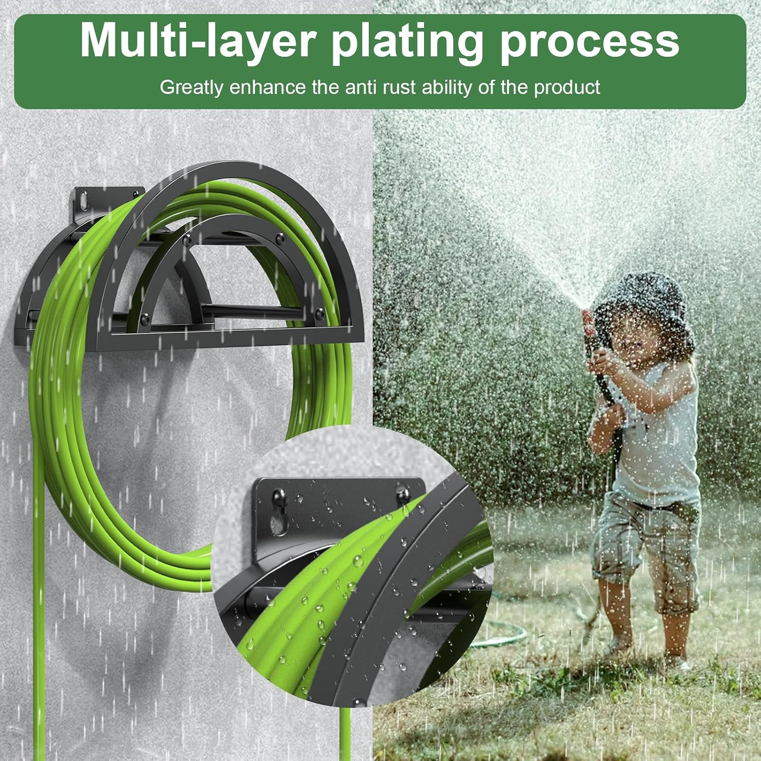 Hose Holder Wall Mount, Outdoor Water Hose Holder Holds 125-ft Hose, Heavy Duty Metal Detachable Hose Hanger Reel