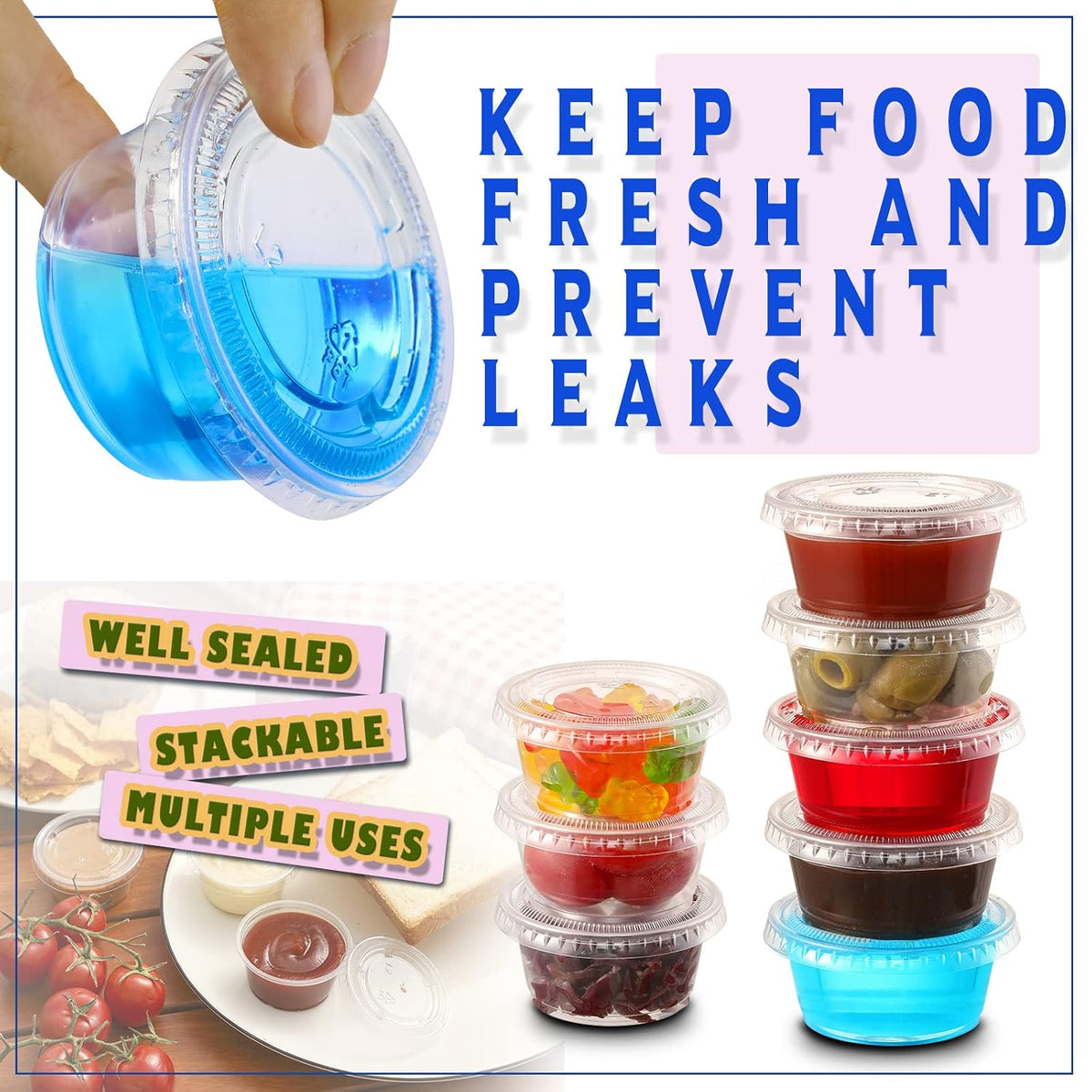 130 sets - 2 oz Jello Shot Cups, Small Plastic Containers with Lids, Airtight and Stackable Portion Cups, Salad