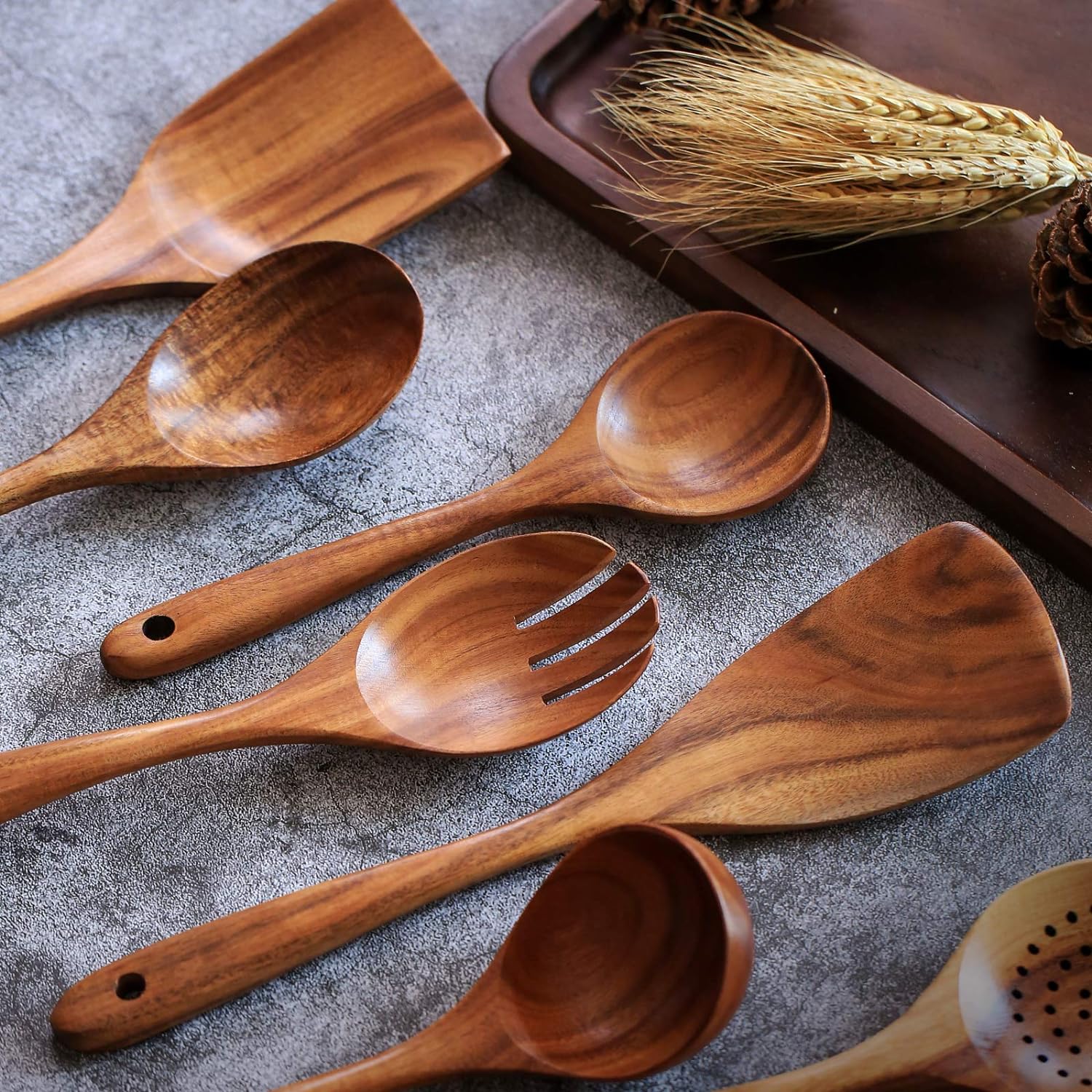 Wooden Non-Stick Kitchen Pan Toolset 7 Pieces Set, Natural Kitchen Utensils Spatula, Wooden Cooking Utensils Spoons