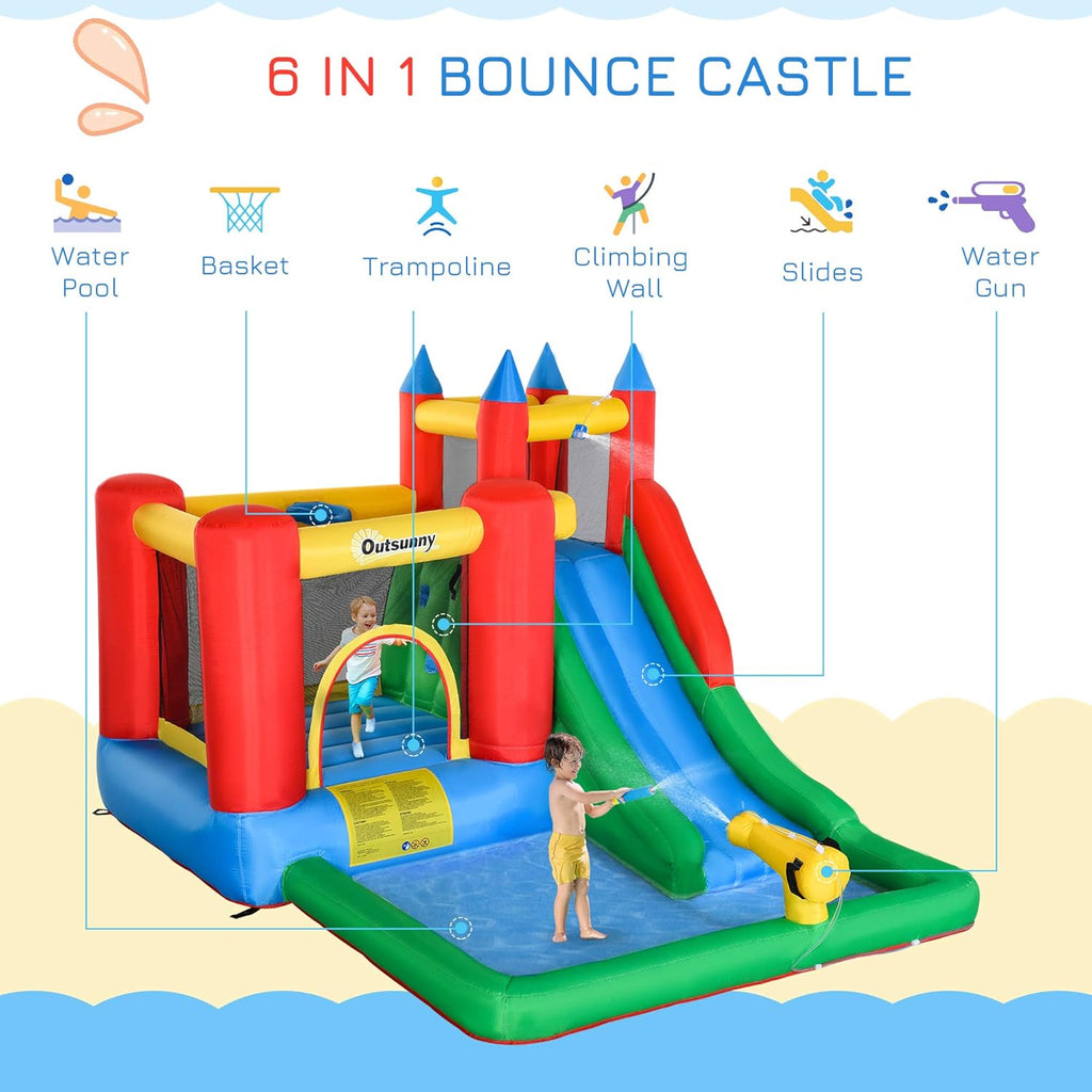 6-in-1 Kids Bounce House Inflatable Water Slide with Pool, Water Cannon, Climbing Wall, Inflator Included, Jumping