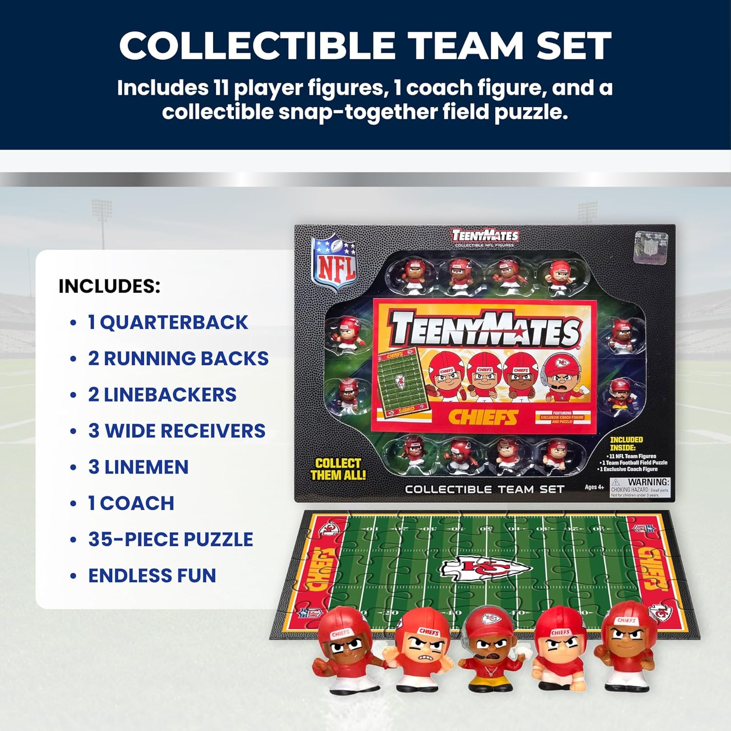 TeenyMates NFL Action Figures Gift Set, with 11 Player Figures, Coach & Collectible Field Puzzle, NFL Football Toys