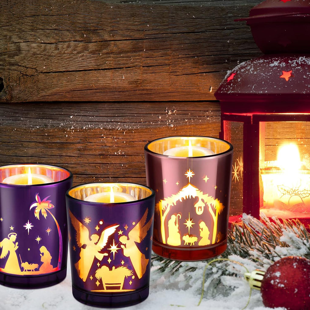 4 Pcs Advent Candle Holders Nativity Glass Purple Pink Tealight