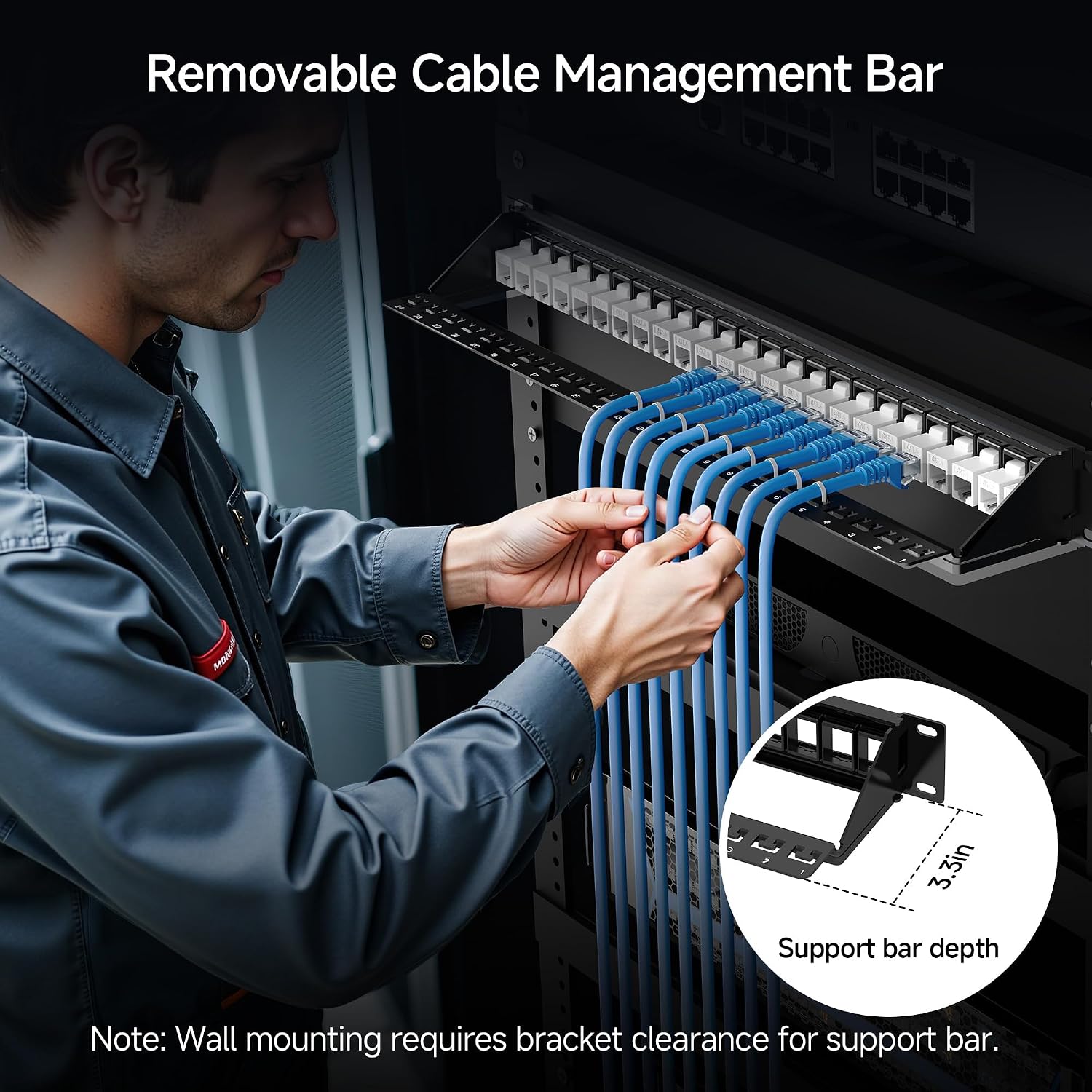 1U 24 Port Keystone Patch Panel with Cable Management | With Support Bar, Rackmount or Wall Mount, 19-Inch Black