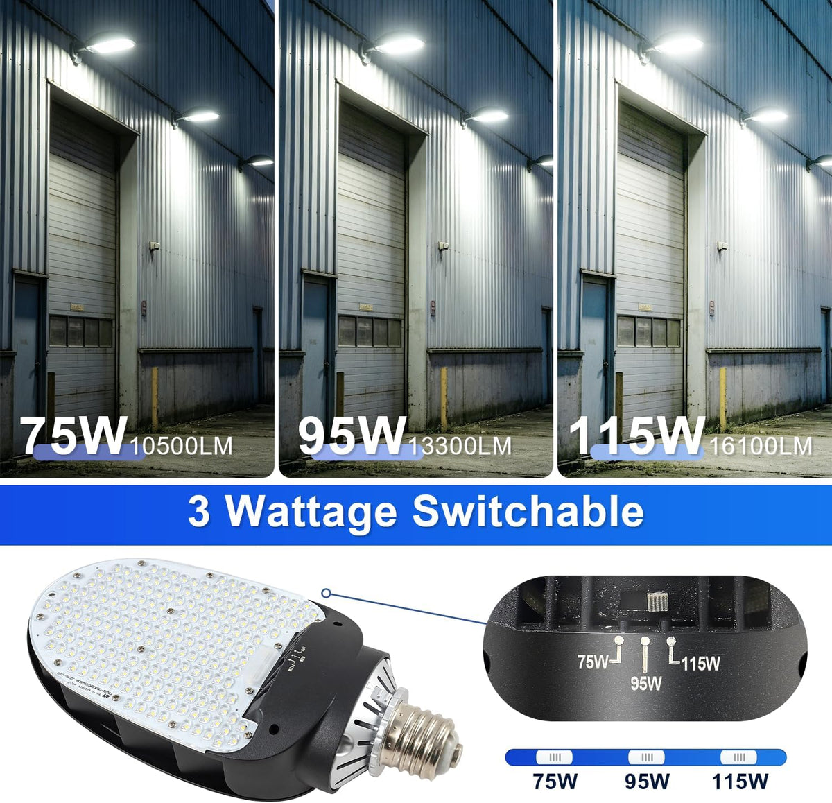 LED Shoebox Retrofit Lamp, 75/95/115W Selectable, 5000K Rotatable E39 Base