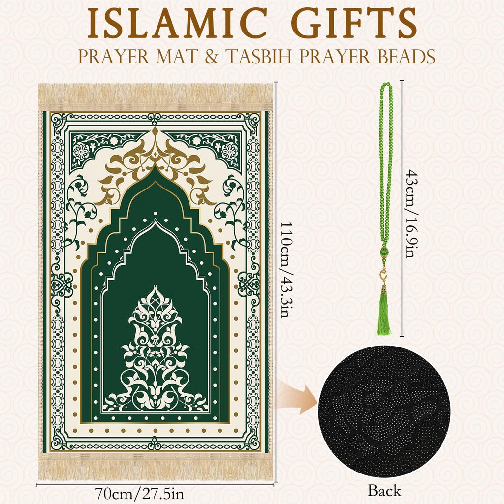Prayer Mat Rug Ramadan Gifts - Thick Green Muslim Prayer Rug Islamic Tasbih Beads, Islamic Praying Mat Carpet for