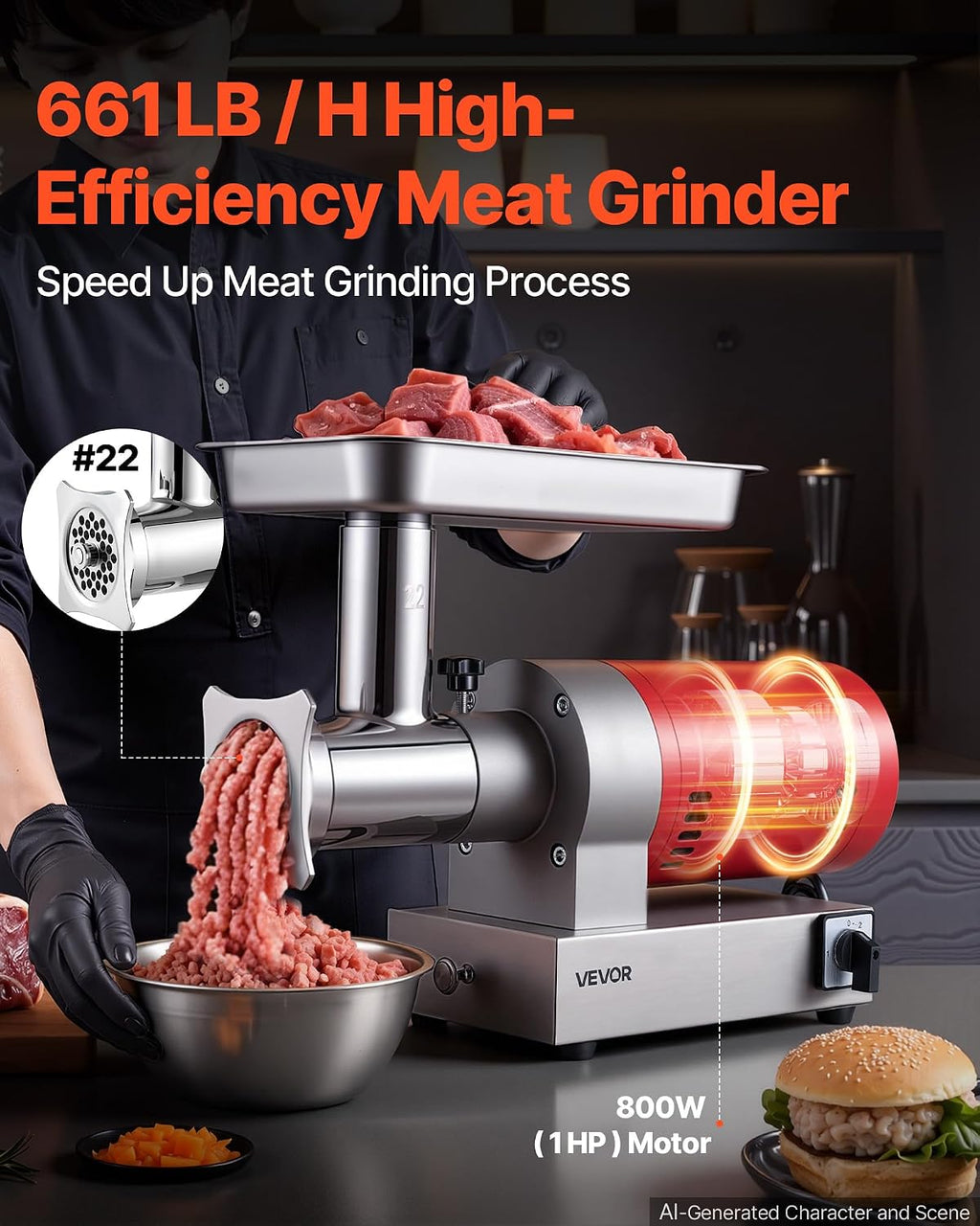 661 Lbs/Hour800 W Machine, 1.5 HP Electric Mincer with 2 Grinding Plates, Sausage Kit Set Meat Grinder Heavy Duty