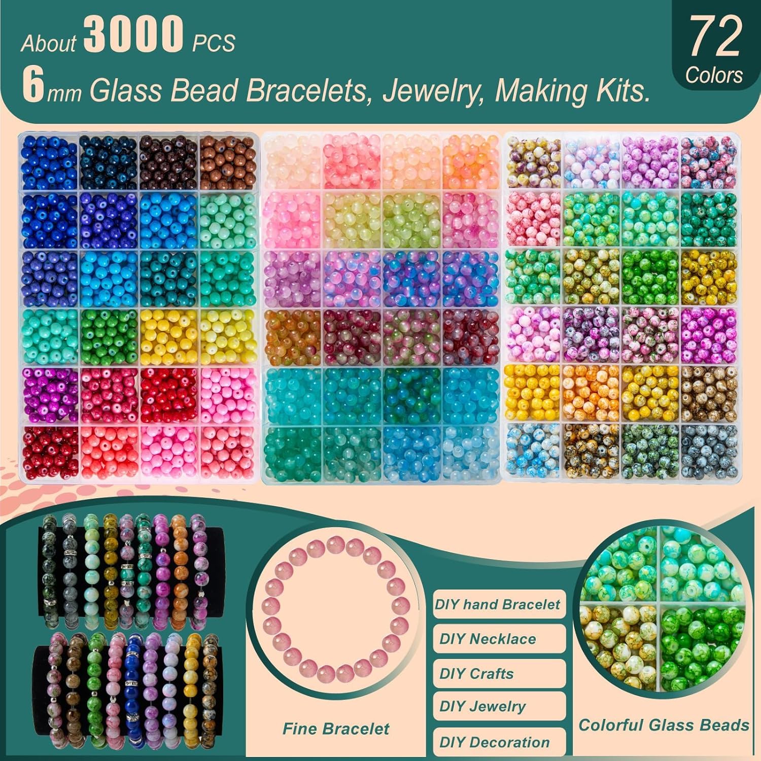6MM Glass Beads Kit for Jewelry Making - 3 Box Set 72 Colors, 3000pcs Round Colorful Beads for DIY, Beads for