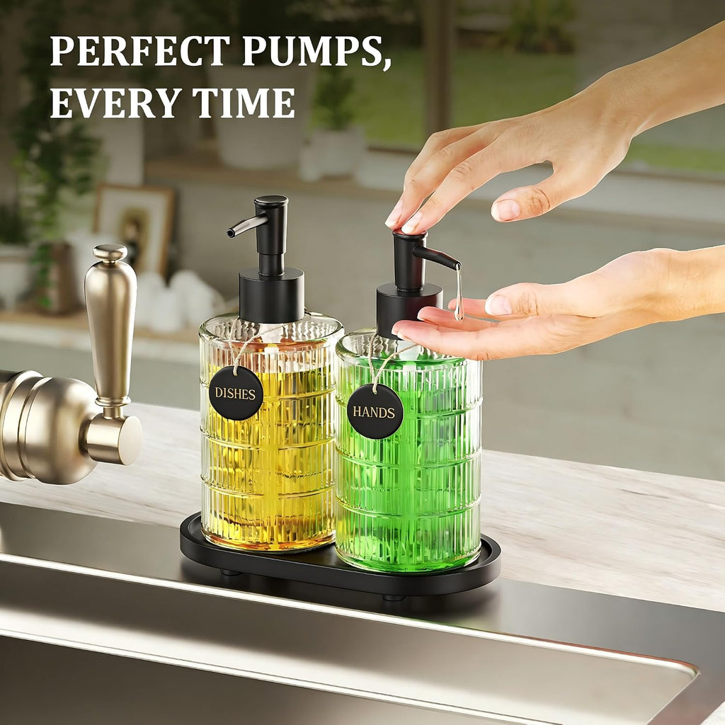 Soap Dispenser Set with Bamboo Tray, Dish and Hand Soap Lotion Dispenser Set with Wooden Pump for Kitchen and