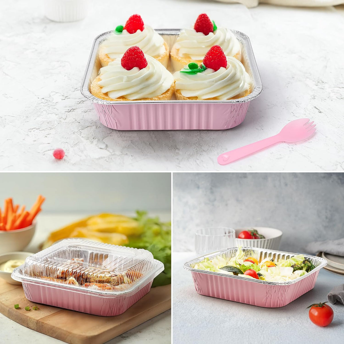 (35 Pack)Pink 8x8 Inch Disposable Aluminum Foil Pans&Square Cake Pans for Parties, Clear Plastic Lids,Eco-Friendly