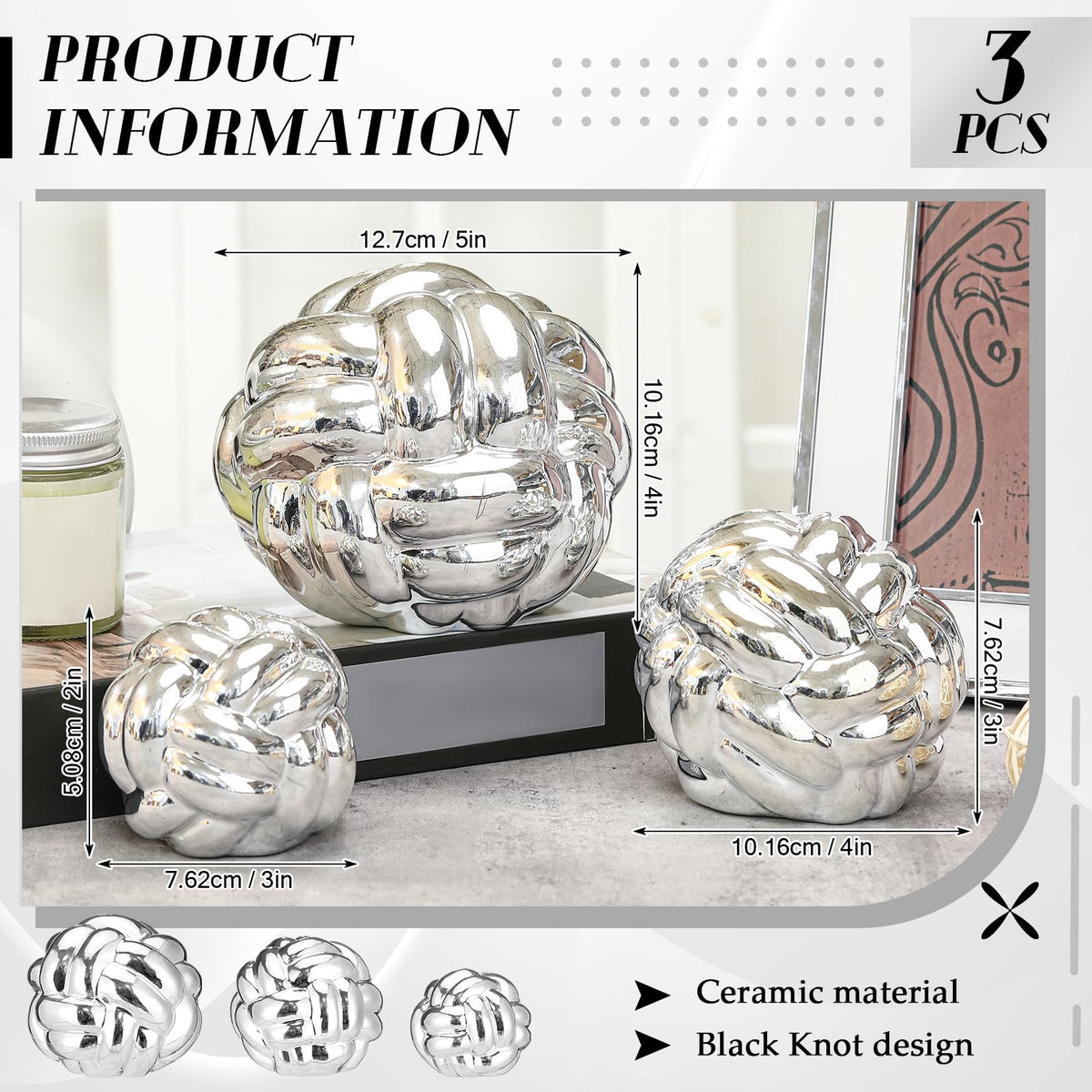 Wenqik Silver 3 Pcs Knot Decor Chain Link Living Room Decor, 3 Sizes