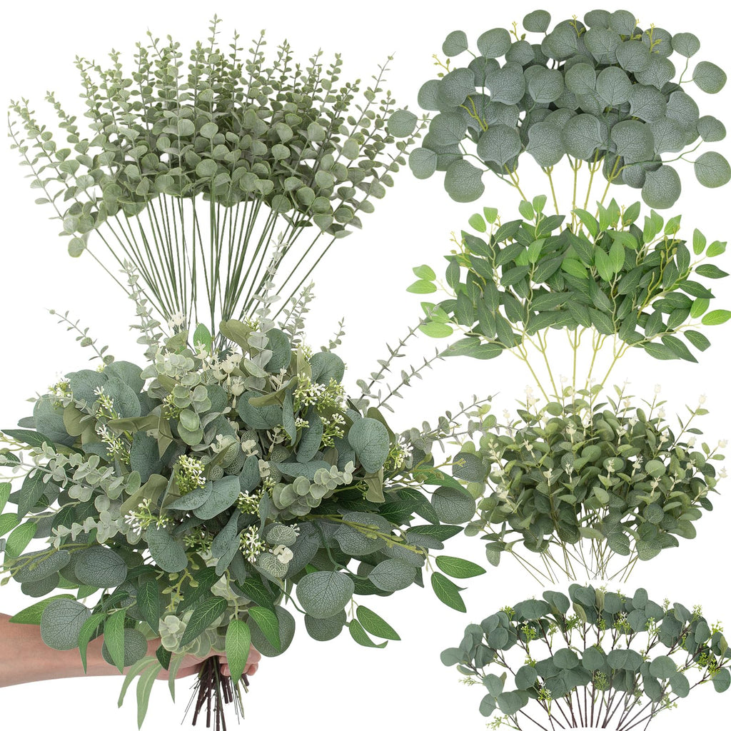 120 Pcs Artificial Mixed Eucalyptus Stems Bulk, Green