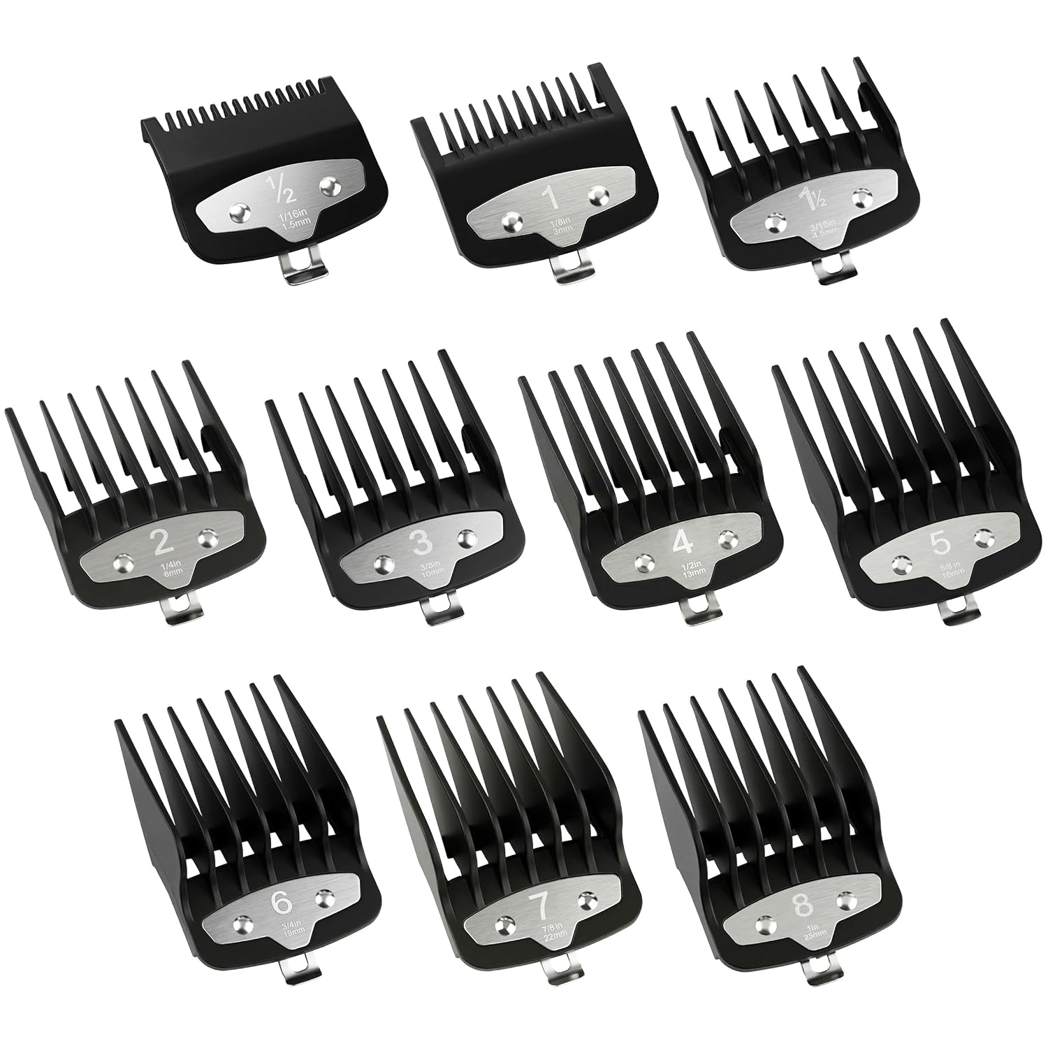 10-Piece Premium Clipper Guards Set, Upgraded Metal Clip Cutting Guides Compatible with Wahl Hair Clippers, 1/16" to