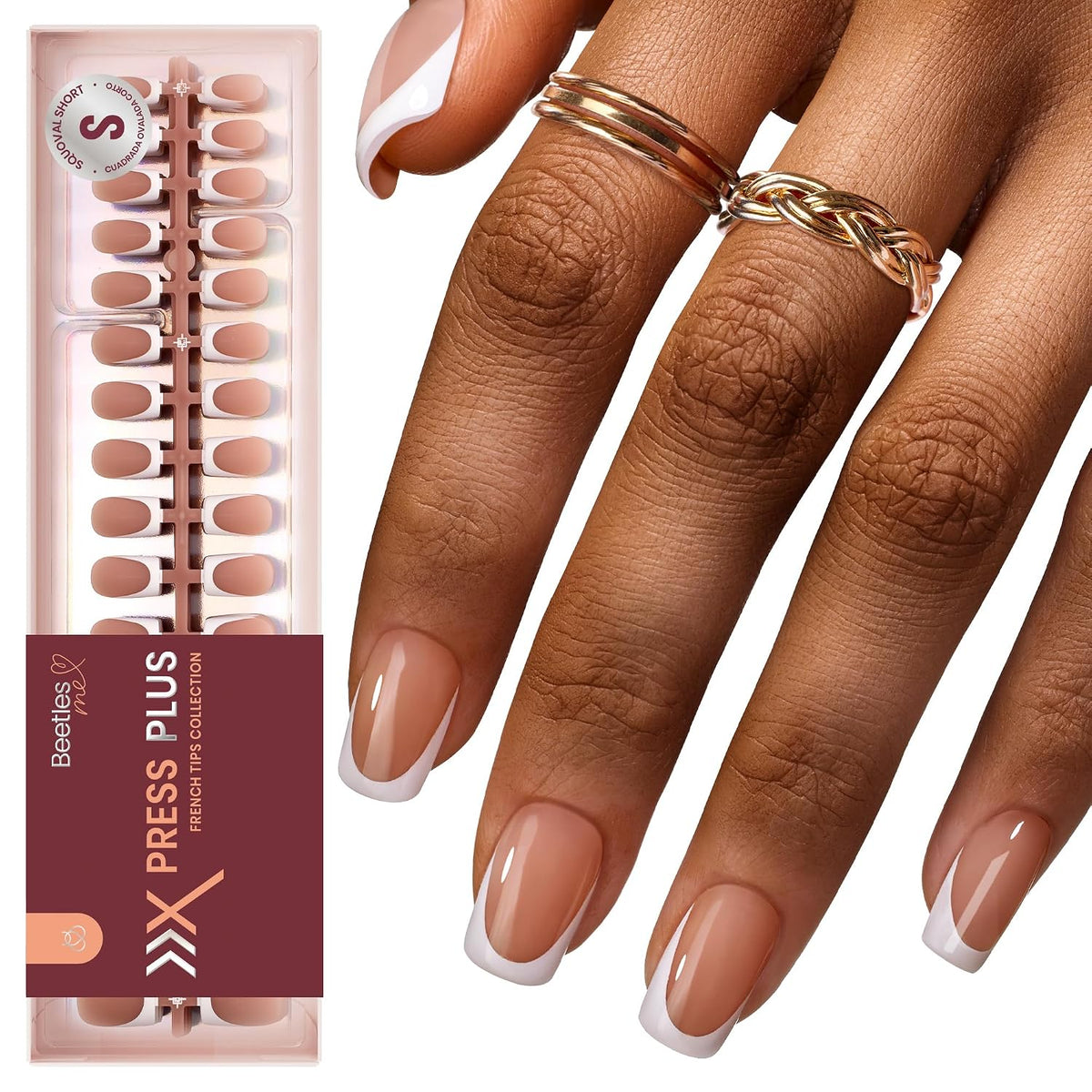 Beetles French Tips Press On Nails- 224 Pcs Short Squoval Nails, Brown