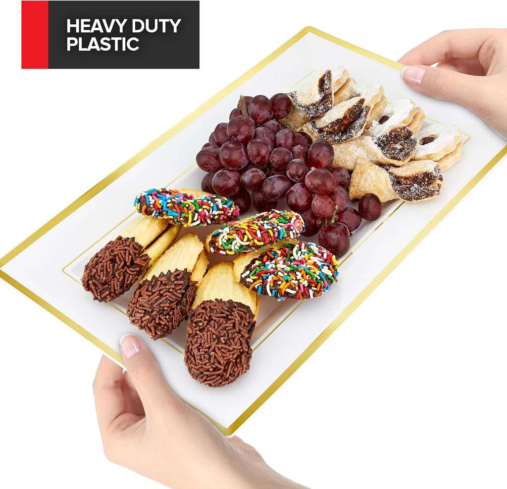 (12 Pcs) Premium White and Gold Plastic Serving Tray, Plastic Serving Platter Disposable, White Rectangle Party Trays