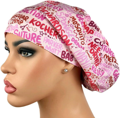 Euro Scrub Hat, Surgical Cap, Instrument Words Pink Red