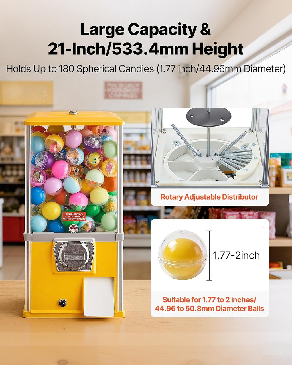 Gumball Machine, 21 inch Candy Vending Machine Dispenser, 25-Cent Vending Machines for Shopping Malls, Supermarkets