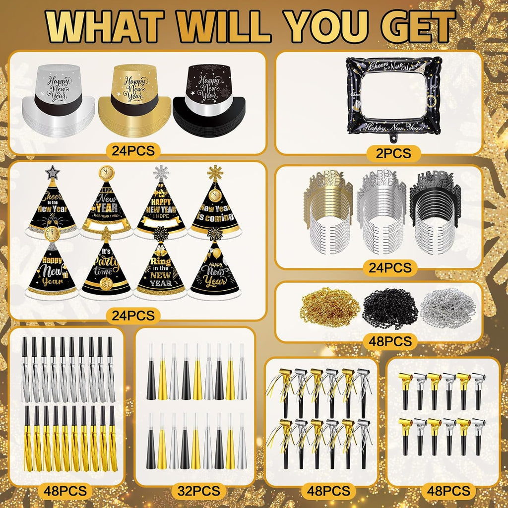 328 Pcs New Years Eve Party Supplies Set 2027 for 48 People Include Top Hats Cone Hats Headband Tiara Horns Noise