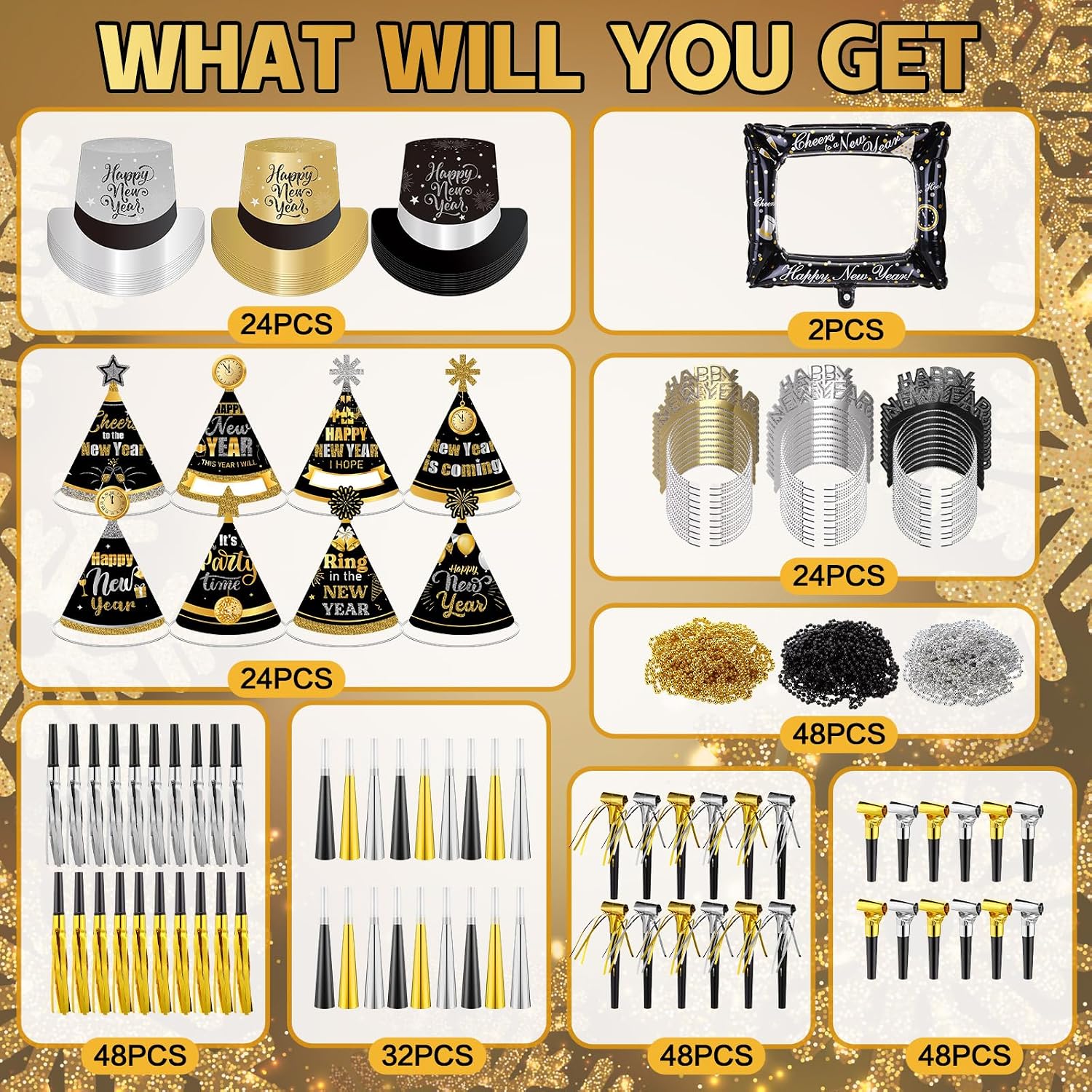 328 Pcs New Years Eve Party Supplies Set 2027 for 48 People Include Top Hats Cone Hats Headband Tiara Horns Noise