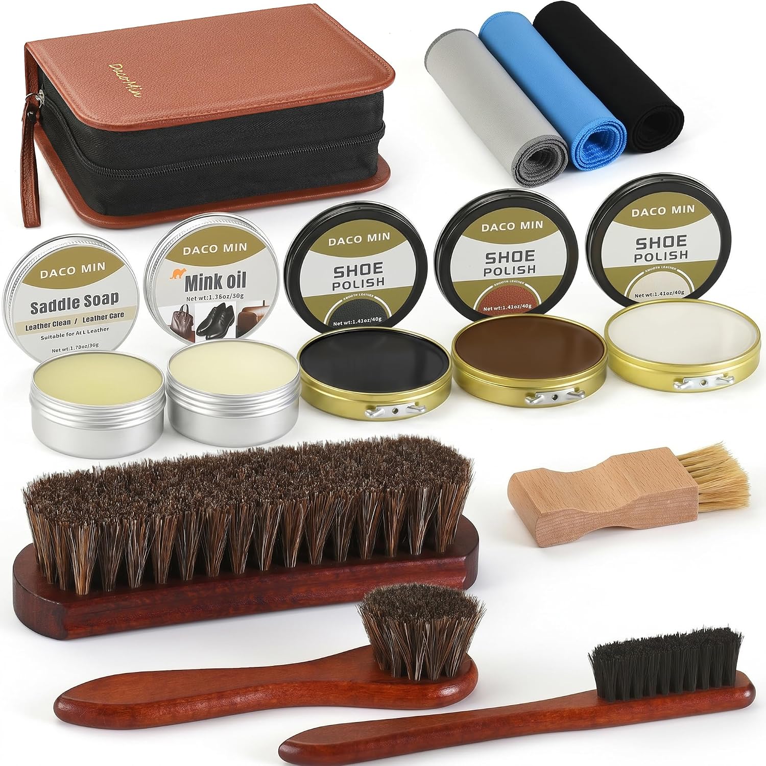 13-Pcs Complete Shoe Shine Kit & Leather Boot Care and Cleaning Kit - 100% Horsehair Brushes, Mink Oil, Saddle Soap