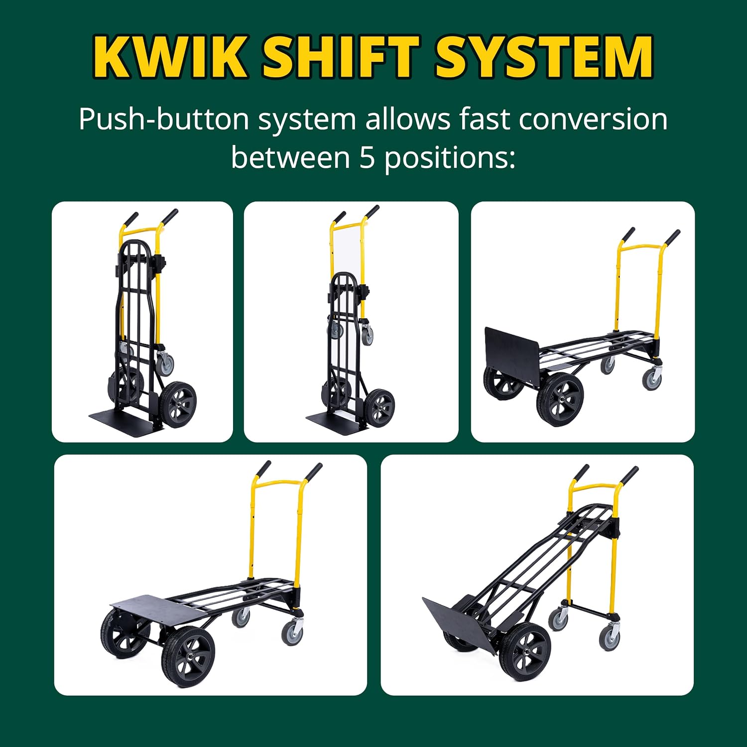 Trucks JDCSC0335PC Kwik Shift 5-in-1 Hand Truck, 1000 lb | Steel dolly and cart with push-button quick change and