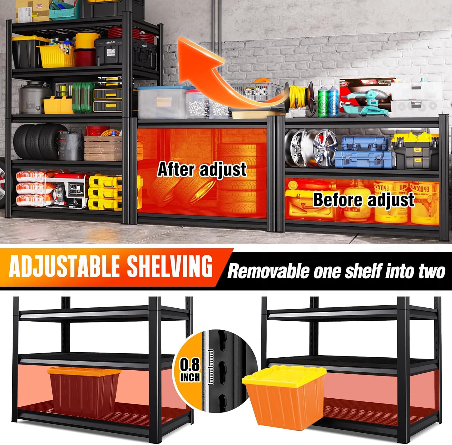 Storage Shelves, 2500lbs Garage Shelving,Adjustable Heavy Duty Shelving Unit,5T Tall Garage Shelves，Metal Standing