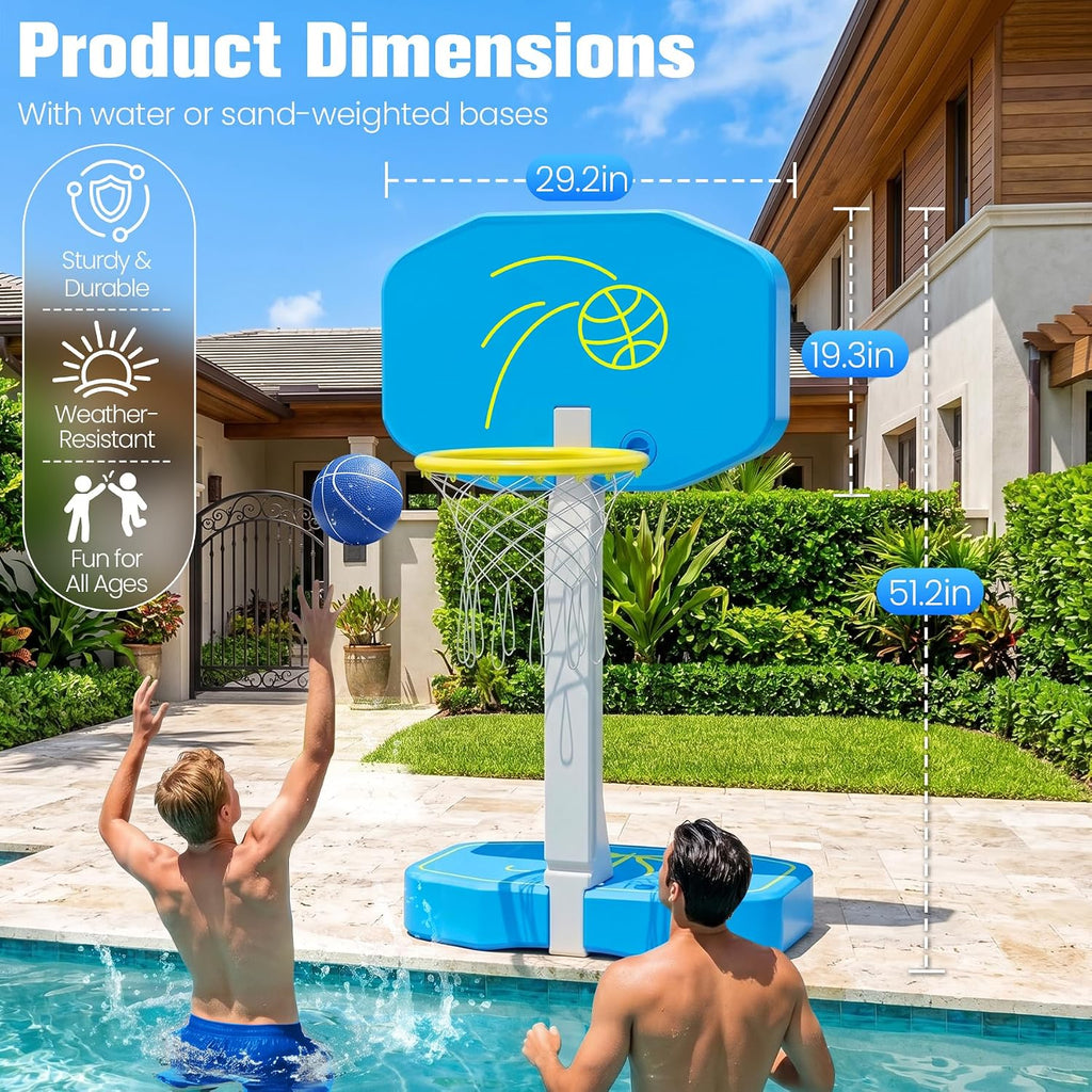 2-in-1 Pool Basketball Hoop & Pool Volleyball Net w/3 Balls | Poolside Basketball Hoop for Swimming Pool
