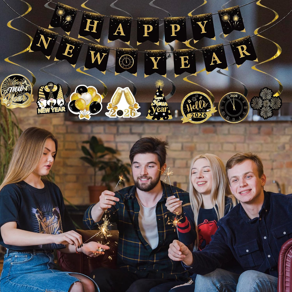 2026 New Year Decorations – Black Gold New Year’s Eve Party Supplies with Happy New Year Banner, Hanging Swirls with