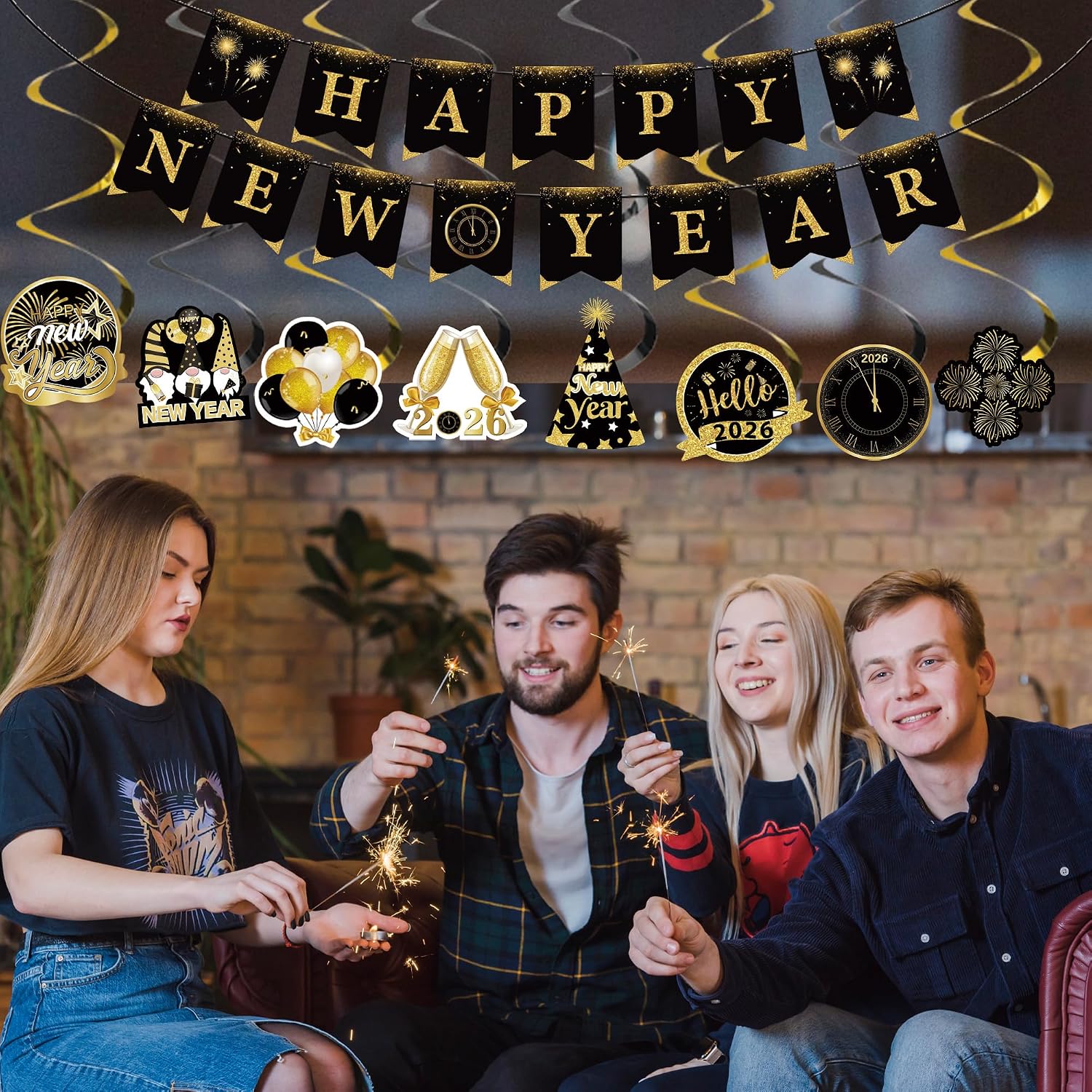 2026 New Year Decorations – Black Gold New Year’s Eve Party Supplies with Happy New Year Banner, Hanging Swirls with