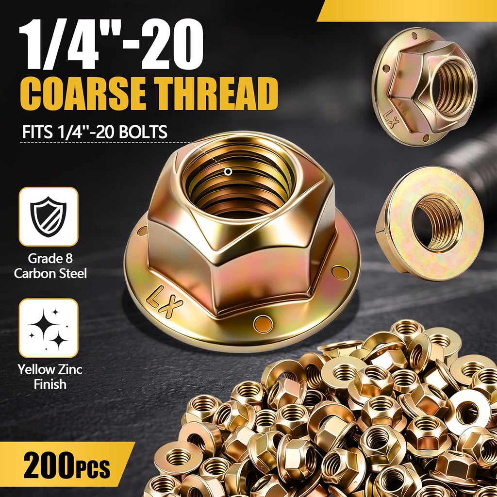 200 Pack 1/4"-20 Grade 8 Hex Flange Lock Nuts, Flange