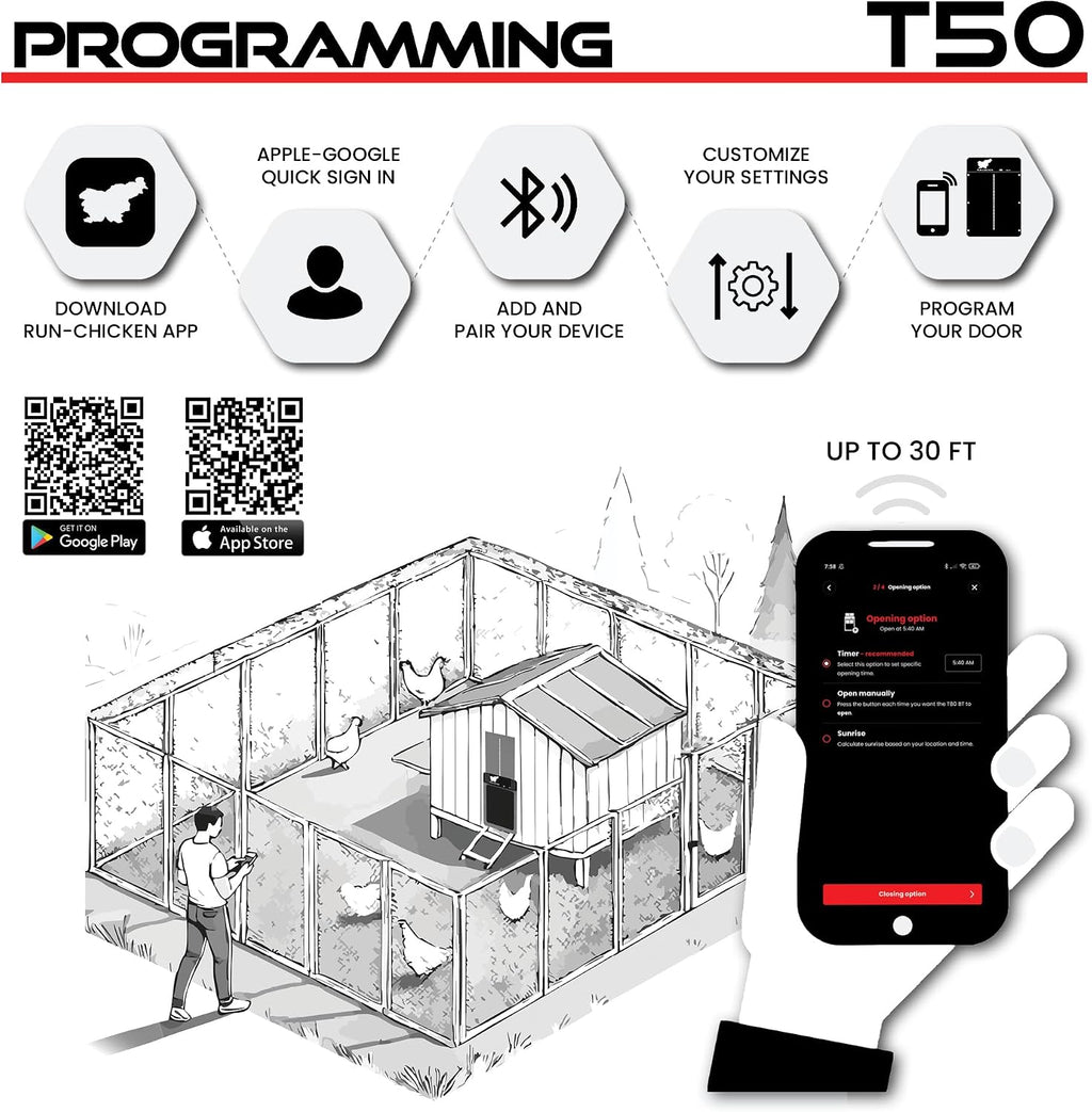 Door T50 – Automatic Chicken Coop Door Opener, Battery Powered & Weatherproof Aluminum, Smart App & Timer Control