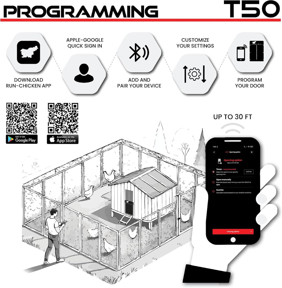 Door T50 – Automatic Chicken Coop Door Opener, Battery Powered & Weatherproof Aluminum, Smart App & Timer Control