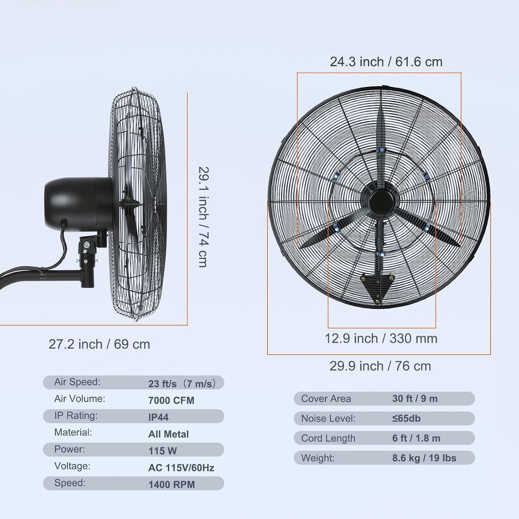 VEVOR 24 Inch 3-Speed 7000 CFM Black Waterproof Wall Mount Oscillating Fan