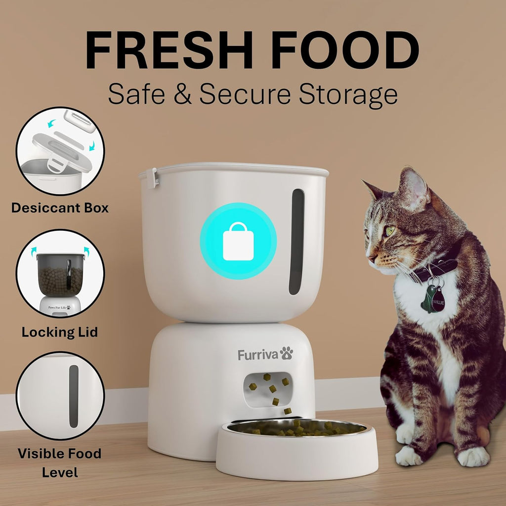 Automatic Cat Feeder and Water Fountain Set, White - 3L Feeder & 2L Fountain, Stainless Steel Bowl, Locking Lid