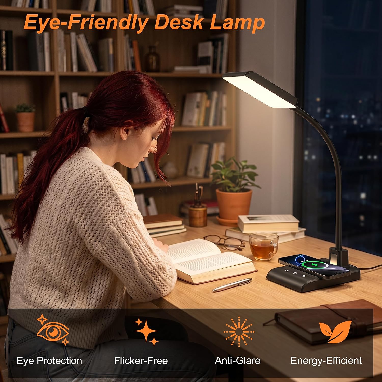 Desk Lamp with Wireless Charger, Desk Lamps for Home Office Night Light | 3 Color Modes with Stepless Dimming, CRI