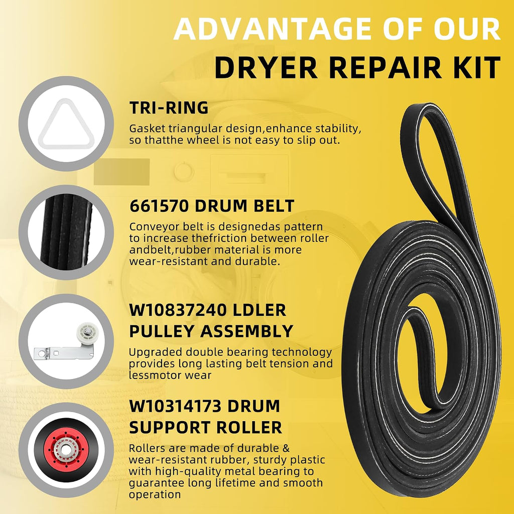 WPW10314173 Drum Roller&W10837240 Dryer Idler Pulley&661570v Dryer Belt&279640 Idler Pulley=4392067 Dryer Repair