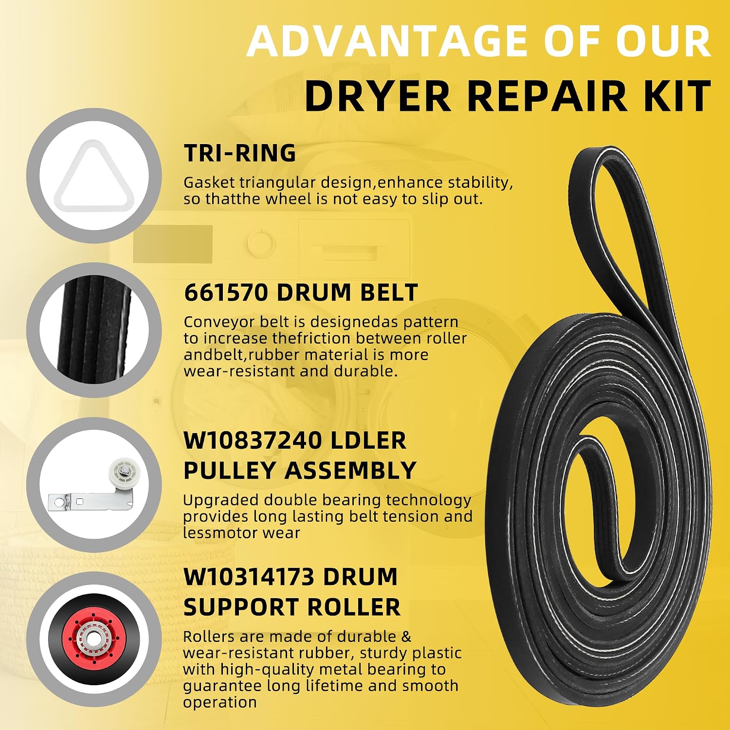 WPW10314173 Drum Roller&W10837240 Dryer Idler Pulley&661570v Dryer Belt&279640 Idler Pulley=4392067 Dryer Repair